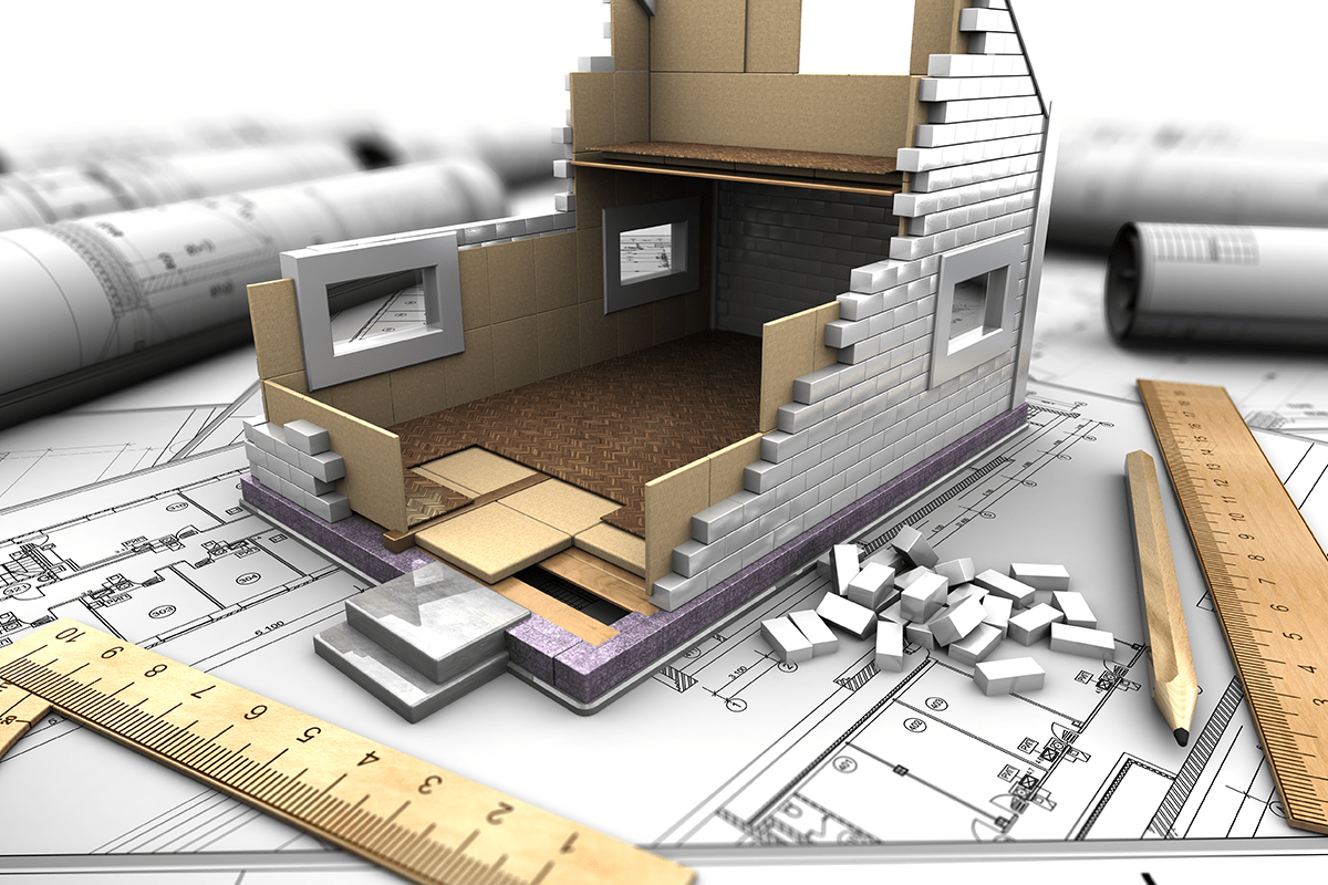 Lineal, Skizze und Model eines Hauses in 3D