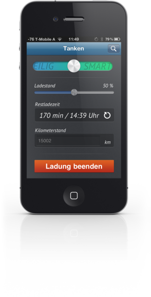 Smartphone displaying fuel and charging time indicator for future e-mobility.