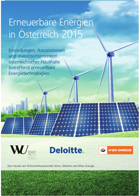 Deckblatt " Erneuerbare Energien in Österreich 2015 - Einstellungen, Assoziationen und Investitionsintention österreichischer Haushalte betreffend erneuerbare Energietechnologien.