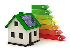 3-D Modell eines Hauses mit Photovoltaikanlage am Dach und dahinter Pfeile von A bis E für die Effizienz.