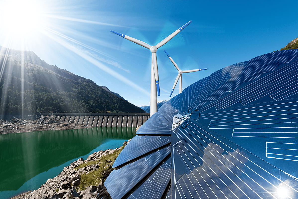 Renewable energy - sunlight with solar panel. Wind with wind turbines. Dam for hydropower