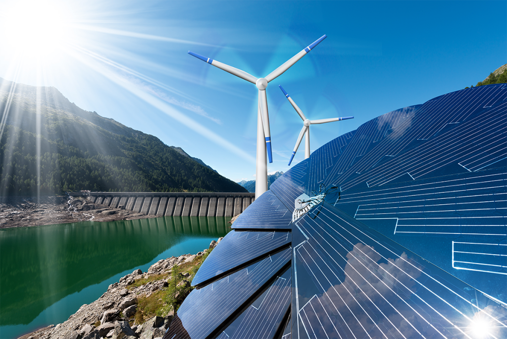 Renewable energy - sunlight with solar panel. Wind with wind turbines. Dam for hydropower